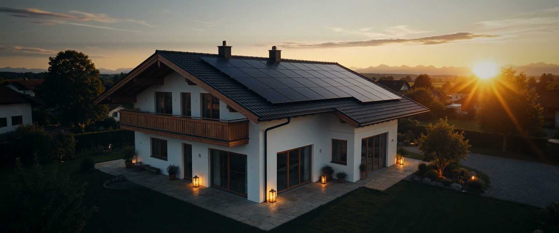 Ein Haus mit Solaranlage in der Abendsonne, die Außenlampen brennen schon